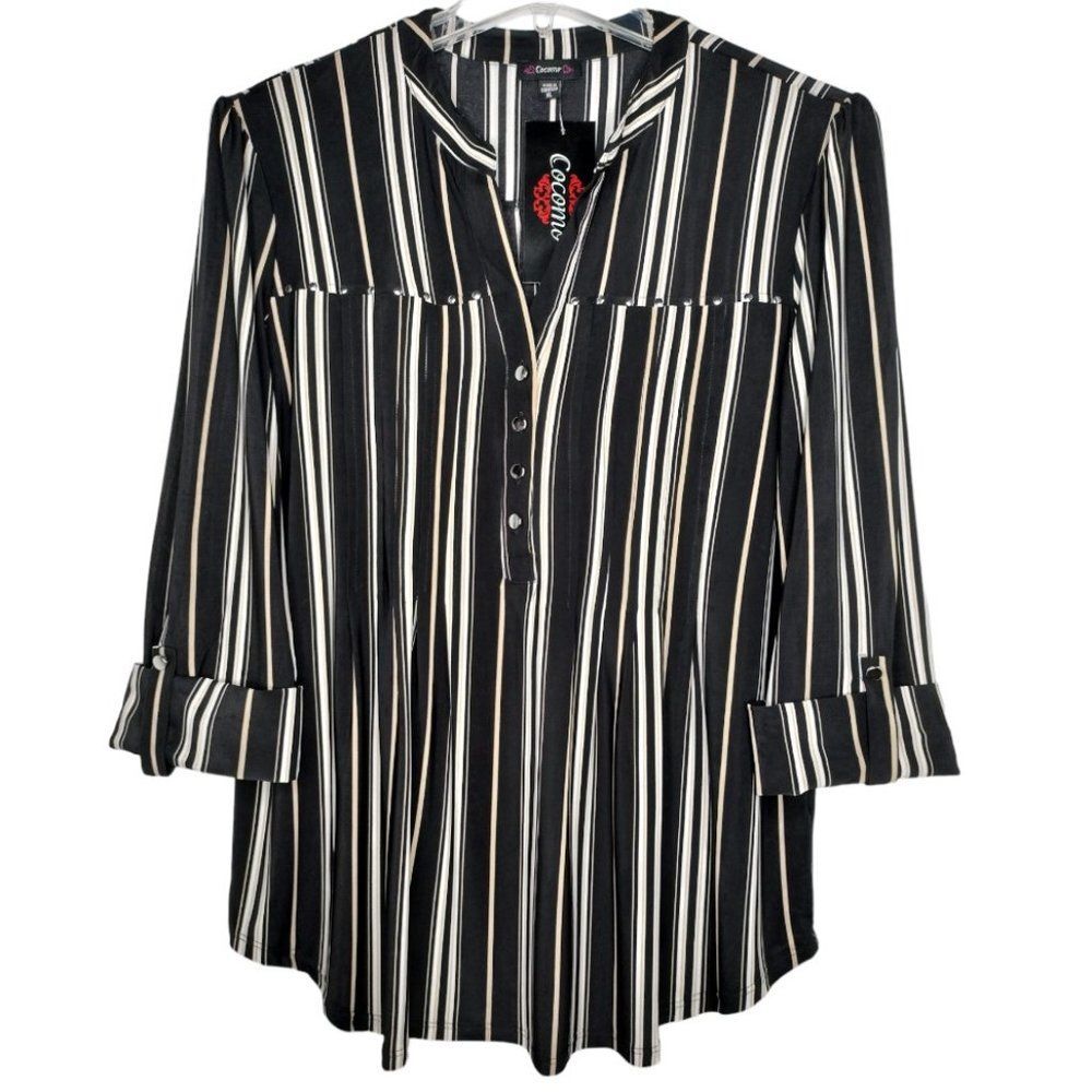 NWT Cocomo Size XL Black & Tan Studded Stripe Print Pintuck 3/4 Sleeve Top